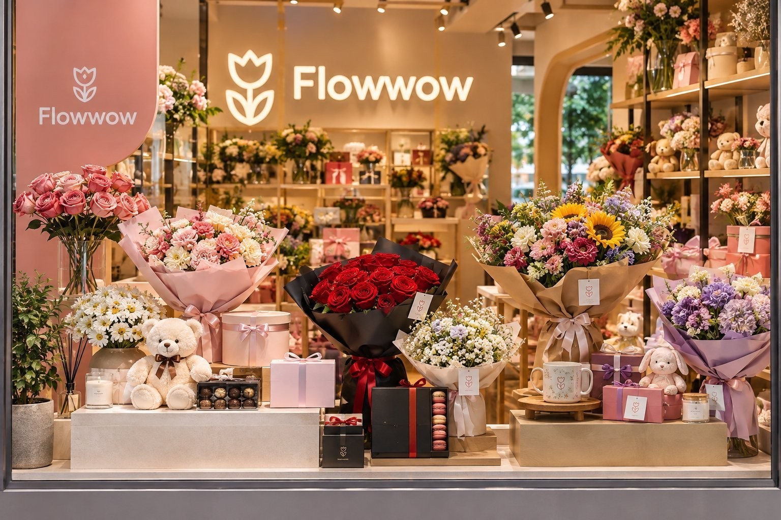 витрина магазина на Flowwow с цветами и подарками