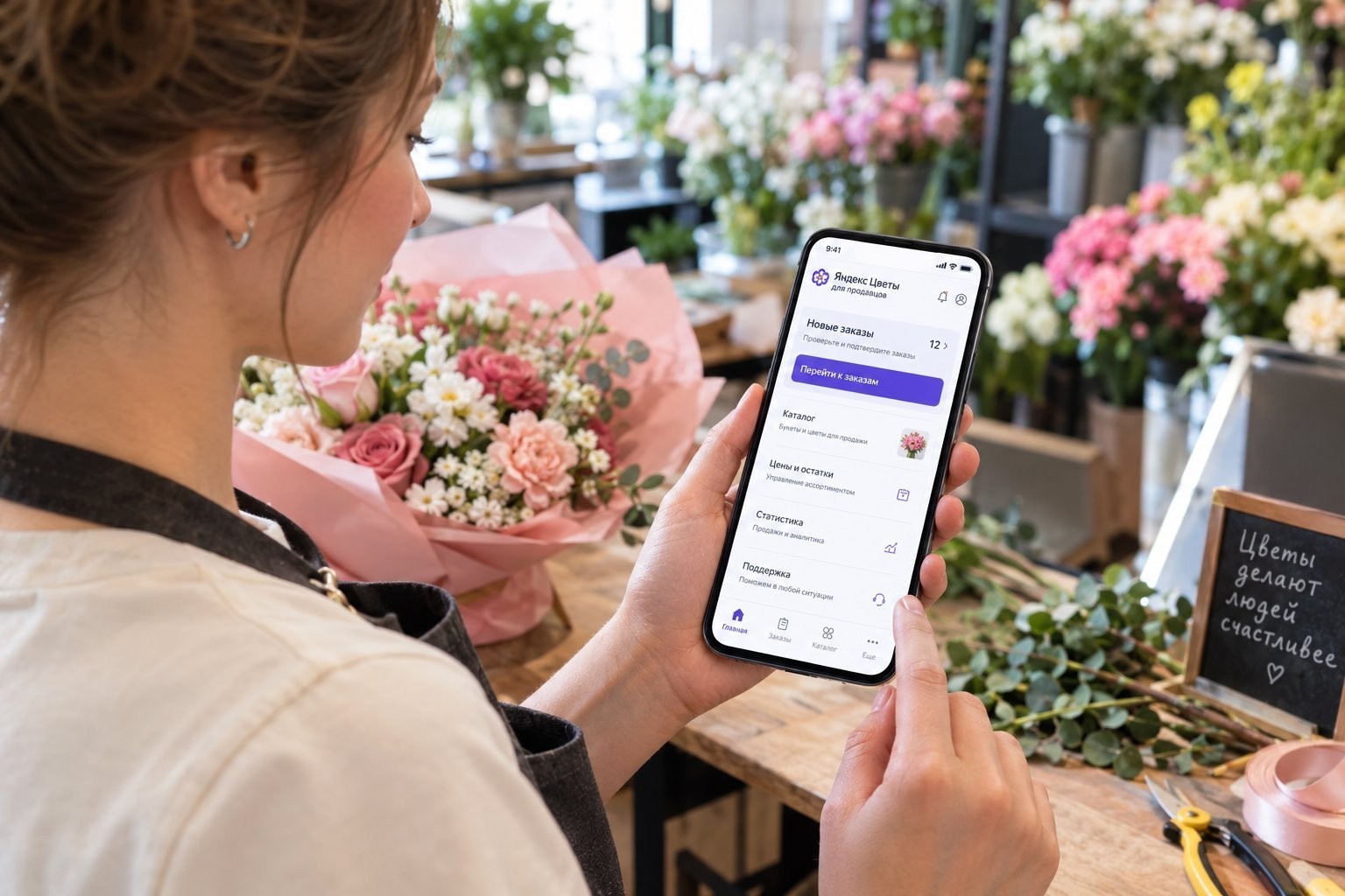 флорист использует приложение яндекс цветы для продавцов на смартфоне