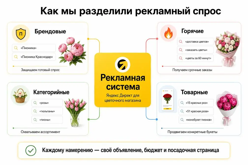 Структура рекламных кампаний Яндекс Директа для цветочного магазина